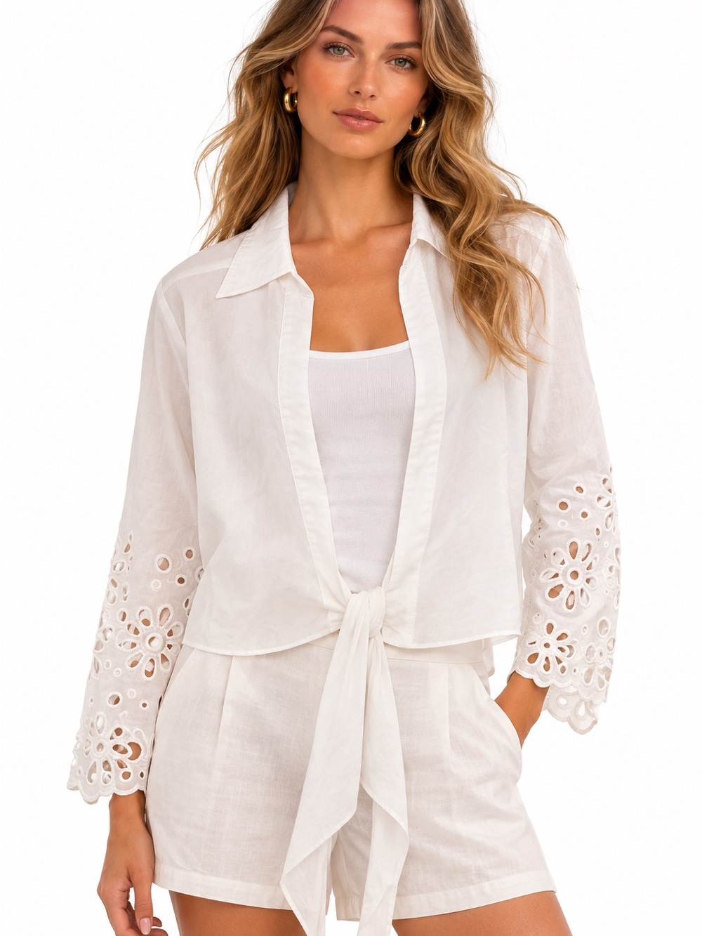 Karina Grimaldi White Tie-Front Eyelet Sleeve Shirt
